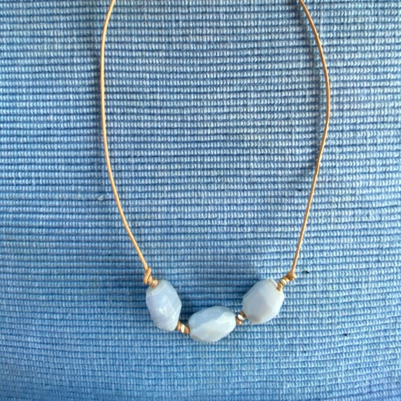 Necklace - 3 Periwinkle Blue Stones on Tan Cord - Picture 4 of 5